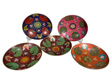 Set of 5 Peacock Enamel Brass Plates