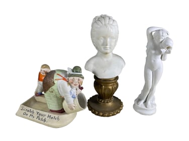 3 Vintage Bisque Bust, Statue & Toothpick Stand