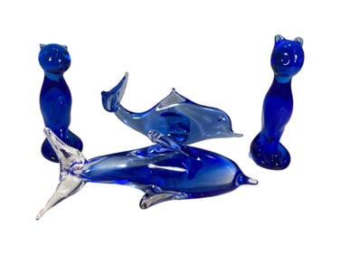 Murano Blue Glass 2 Cats & 2 Dolphins