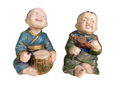 Vintage Chinese Pair of Kids Playing Terracotta Fig