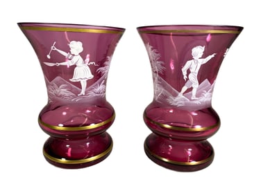 Vintage Pair of Mary Gregory, England Ruby Glasses