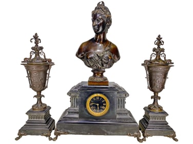 Japy Freres Ce & Houdon Bust Bronze & Marble Clock, 19th C