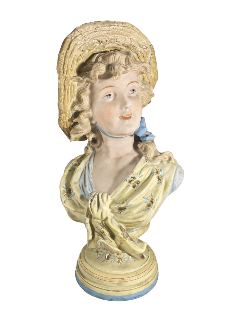 Antique German Bisque Bust Fig: Antique German Bisque Bust Fig. 12 1/2 x 6 1/8 x 5 3/4 in.Hat & dress damaged.Local Pick up call one day before to make an appointment. TO SHIP THIS ITEM IN USA OR INTERNATIONAL, PLEASE CONTACT THE SH