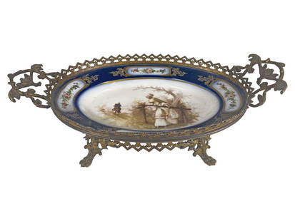 Antique French Bronze & Porcelain Tray: Antique French Bronze & Porcelain Tray. 4 x 15 x 8 1/4 in.Has been restored.Local Pick up call one day before to make an appointment. TO SHIP THIS ITEM IN USA OR INTERNATIONAL, PLEASE CONTACT THE SHIP