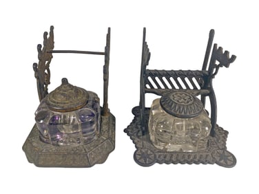 2 Antique Iron & Glass Inkwells