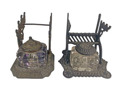 2 Antique Iron & Glass Inkwells: 2 Antique Iron & Glass Inkwells. 4 3/4 x 4 1/8 x 5 3/4 in and 5 x 5 1/4 x 5 1/4 in.One glass damaged.Local Pick up call one day before to make an appointment. TO SHIP THIS ITEM IN USA OR INTERNATIONAL