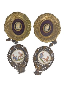 2 Brass Frame Cameos & 2 Porcelain & Fabric Plaques