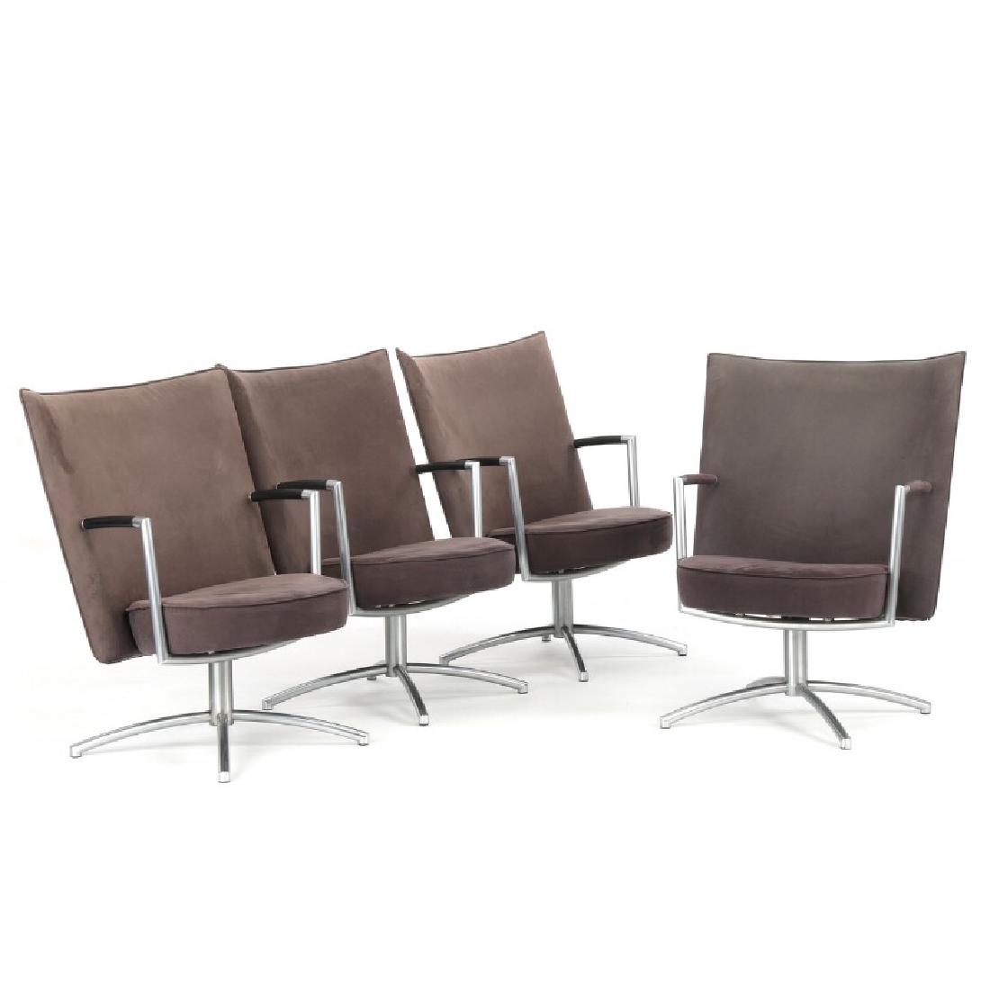Johannes Foersom, Peter Hiort-Lorenzen: "Partner". Set: “Partner”. Set of four conference chairs with steel frame. Seat and back upholstered with grey alcantar. Armrests covered with black leather and alcanctar. Model EJ 70R. Manufactured and marked by