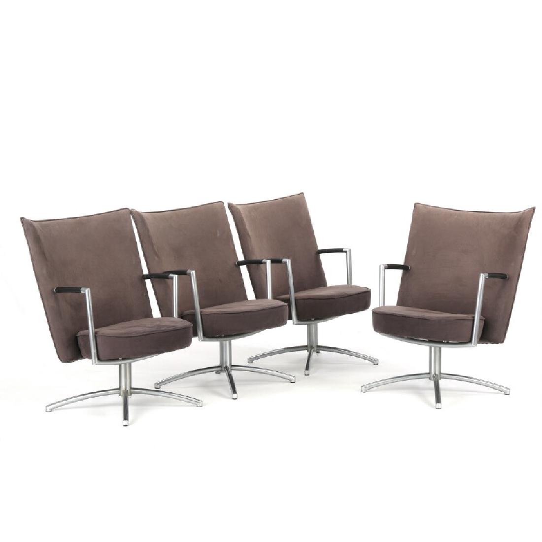 Peter Hiort-Lorenzen, Johannes Foersom: "Partner". Set: “Partner”. Set of four conference chairs with steel frame. Seat and back upholstered with grey alcantar. Armrests covered with black leather. Model EJ 70R. Manufactured and marked by Erik Jørgens
