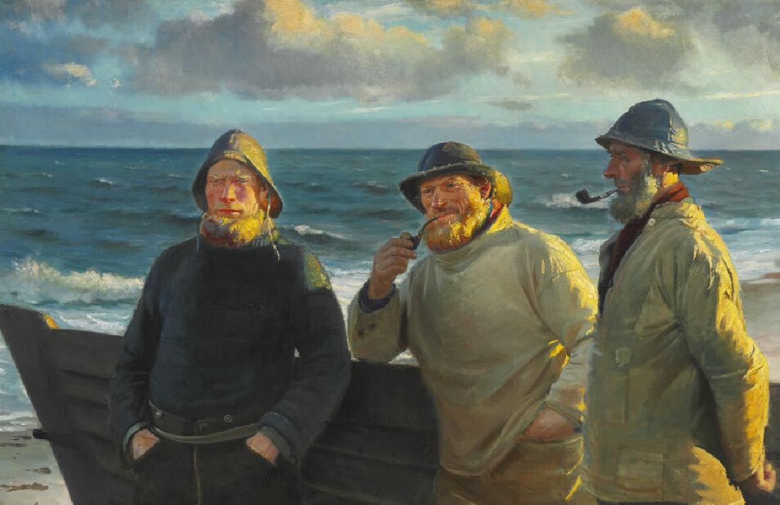 Michael Ancher: Fishermen from Skagen standing on the: "Fiskere ved Stranden. Aftensol". Fishermen from Skagen standing on the beach in the evening sun. Signed and dated Michael Ancher 92. Oil on canvas. 127×187 cm. Presumably exhibited Charlottenborg 18