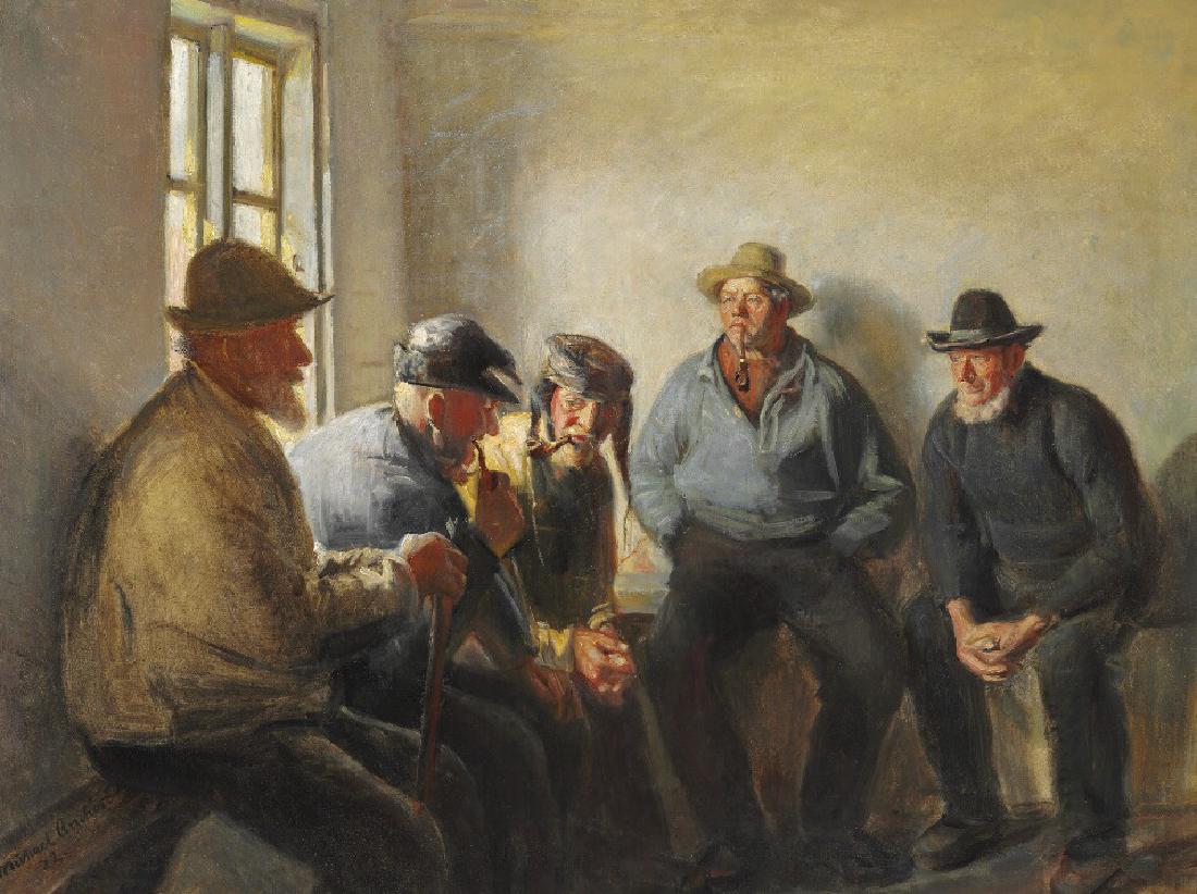 Michael Ancher: “Fiskere i Skænkestuen”. Fishermen from: "Fiskere i Skænkestuen". Fishermen from Skagen sitting in the tap room. Signed and dated Michael Ancher 22. Oil on canvas. 91×122 cm. Exhibited: Charlottenborg 1923 no. 16. Artist: Michael Ancher (b