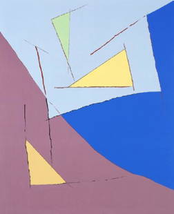 Richard Mortensen: "Leyden"- "Akureyri - le grand: "Leyden", later with new title "Akureyri - le grand moulin à vent", 1976. Signed, titled and dated on the reverse. Oil on canvas. 240×195 cm. Literature: Jan Würtz Frandsen: "Richard Mortensen.