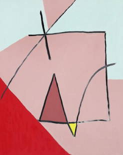 Richard Mortensen: "Øvelsesstykker" 3. August 1992,: "Øvelsesstykker" (Exercise Piece) 3. August 1992, Signed and dated on the reverse. Oil on canvas. 100×81 cm. Literature: Jan Würtz Frandsen: "Richard Mortensen. Erindringens år 1958-1992. Ting og