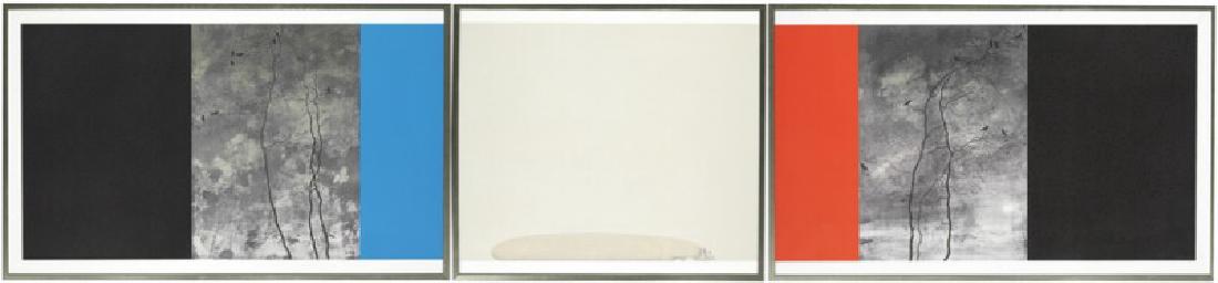 Michael Kvium: "Where in Hell is God?". Signed Kvium: "Where in Hell is God?". Signed Kvium 06, 16/70. . Published by Edition Copenhagen. Lithograph in 7 parts (mounted in 3 frames). Overall sheet size 75×364 cm. (3) Literature: Sørensen, Vieten & Urwa