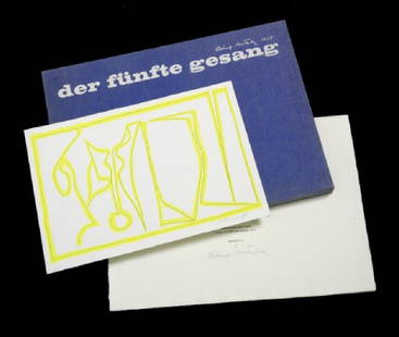 Richard Mortensen: "Der fünfte Gesang", 1958. Portfolio: "Der fünfte Gesang", 1958. Portfolio 25 silkscreens in colours. Sheet size 32×50 cm. All sheets signed Mortensen 60, 9/75. Including one original gouache in colours, signed Mortensen 58. Sheet size