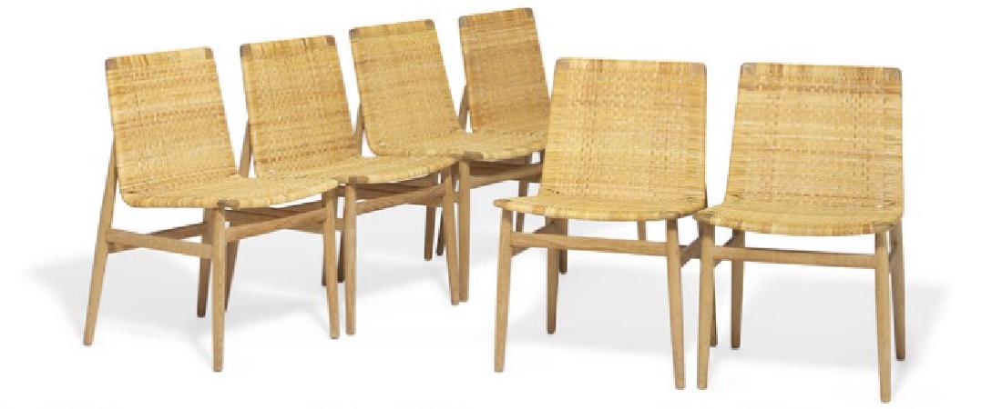 Jørgen Høj: Set of six chairs with oak frame. Seat and: Set of six chairs with oak frame. Seat and back with woven cane. Designed 1951. These examples made 1950s by cabinetmaker Thorald Madsen. (6) Artist: Jørgen Høj (b. 1925)