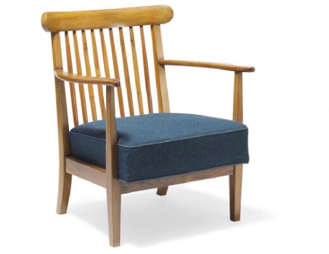 Kaj Gottlob: Walnut easy chair, back with vertical: Walnut easy chair, back with vertical slats. Loose cushions in seat and back upholstered with blue wool. Designed 1932. This example made 1933 by cabinetmaker A.J. Iversen. Artist: Kaj Gottlob (b. Cop