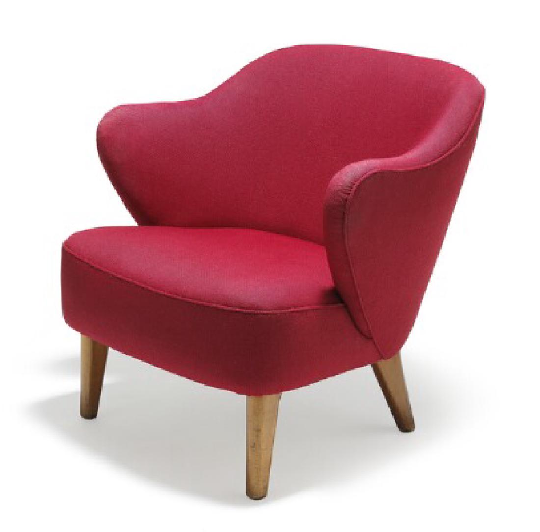 Flemming Lassen: Easy chair with tapering stained beech: Easy chair with tapering stained beech legs. Sides, seat and back upholstered with red wool. Designed 1940. This example made 1940s by cabinetmaker Jacob Kjær. Artist: Flemming Lassen (b. 1902, d. 19