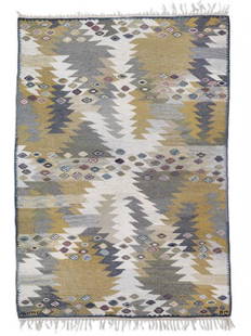 Barbro Nilsson: "Tånga, ljus/Light Seaweed". Handwoven: "Tånga, ljus/Light Seaweed". Handwoven wool carpet in "rölakan" flat weave technique. Pattern in yellow, grey, red and beige shades. Signed BN and AB MMF. Designed 1943. Made second half of 20th cen