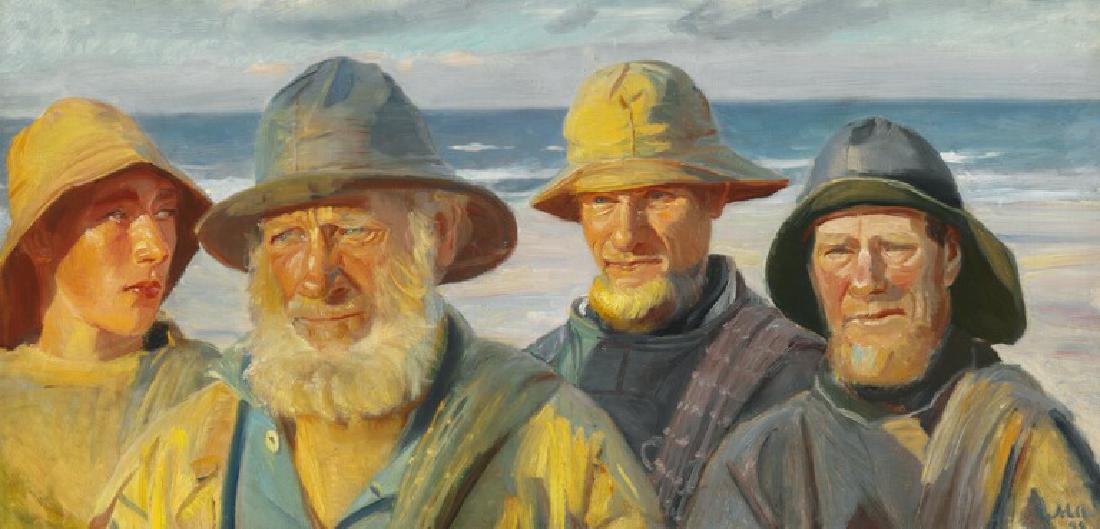 Michael Ancher: Four fishermen standing in the sunshine: Four fishermen standing in the sunshine on Skagen beach. Signed and dated M. A. 98. Oil on canvas. 50 x 101 cm.