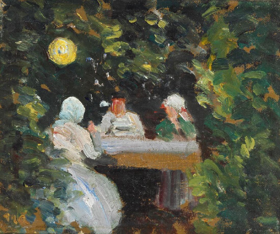 Michael Ancher: A small gathering around the table in: A small gathering around the table in the light of the Chinese lantern a summer evening in the garden. Signed M. A. Oil on canvas. 20 x 24 cm.