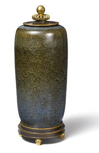 Nils Thorsson, Knud Andersen: A cylindrical stoneware: A cylindrical stoneware lid jar decorated with butterfly wing glaze. Signed monogram. Royal Copenhagen. Made 1962. Lid and base of patinated and partly gilded bronze. Marked monogram KA for Knud Ander