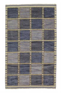 Barbro Nilsson: "Gyllenrutan". Handwoven half-pile wool: "Gyllenrutan". Handwoven half-pile wool carpet in shades of blue. Signed monogram BN and AB MMF. Designed 1945. This example made after 1945 by Märta Måås-Fjetterström AB, Sweden. L. 193 cm. W. 11