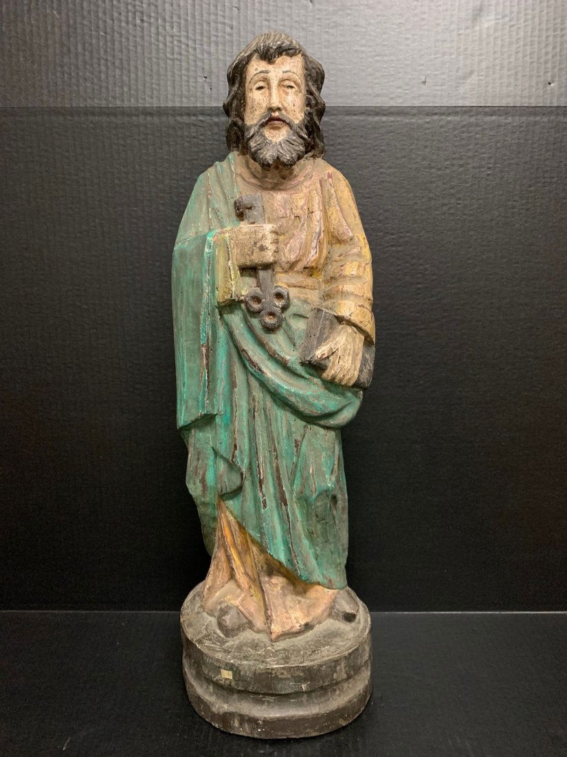 Carved Wood Saint Peter: Carved Wood Religious Work of Art Carved Wood Saint Peter. The dimension is 26 inches high x 8 inches wide. The shipping cost for domestic is $75.00 flat rate shipping within the Continental US includ