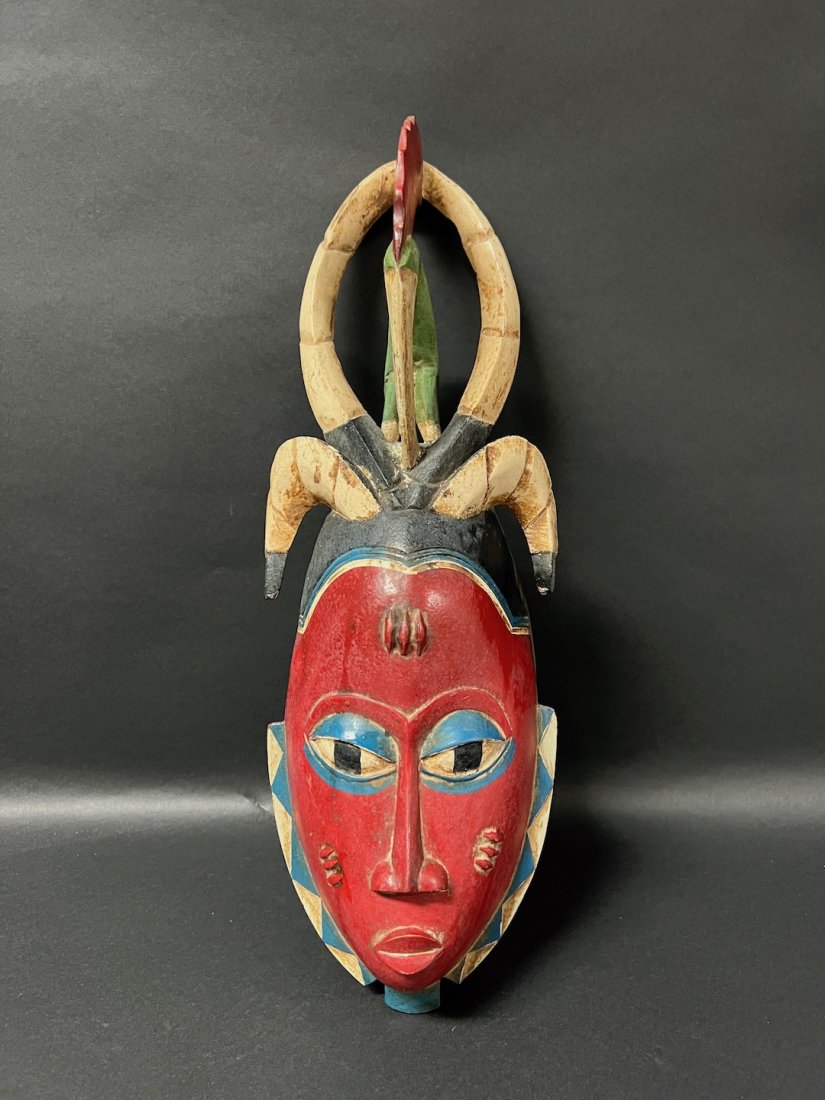 Guru Mask: African Art Guru Mask from Ivory Coast. The dimension is 17 inches high x 6 inches wide. The shipping cost for domestic is $45.00 flat rate shipping within the Continental US including handling, packi