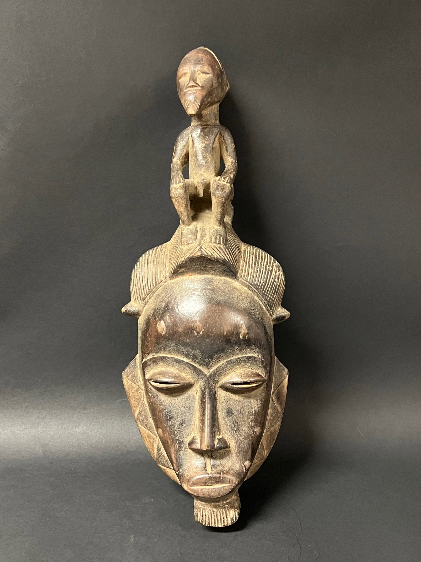 Baule Mask: African Tribal Art Baule Mask. The dimension is 20 inches high x 6.5 inches wide. Please be aware that some of the items are vintage, secondhand, old ages, antiques and may have a defects or sign of a