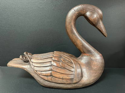 Large Carved Wood Swan Sculpture: Folk Art Carved Wood Papermache Mold Swan Sculpture. The dimension is 16 inches high x 20 inches depth x 9 inches wide. Please be aware that some of the items are vintage, secondhand, old ages, antiqu