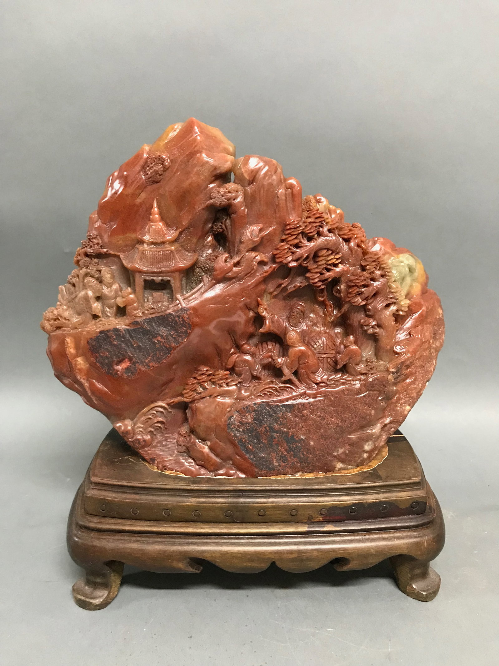 Carved Solid Soapstone Mountain Figure with Wooden Stand (1 of 7)
