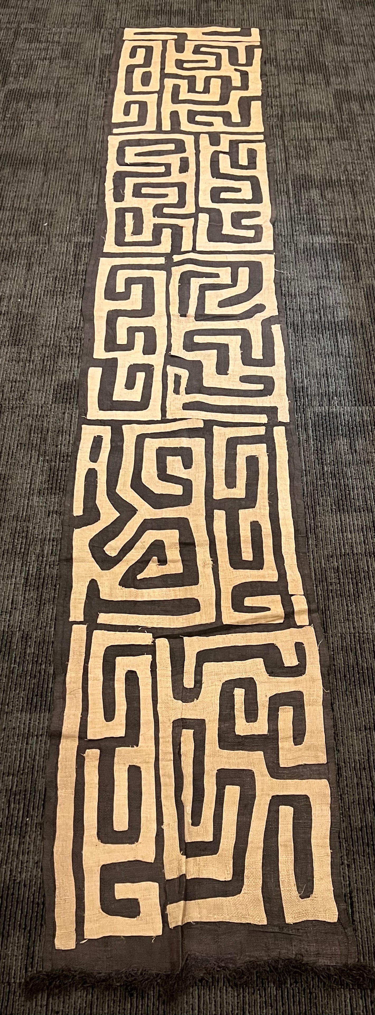 Kuba Cloth: African Tribal Art Kuba Cloth. The dimension is 120 inches high x 20 inches wide. Please be aware that some of the items are vintage, secondhand, old ages, antiques and may have a defects or sign of a