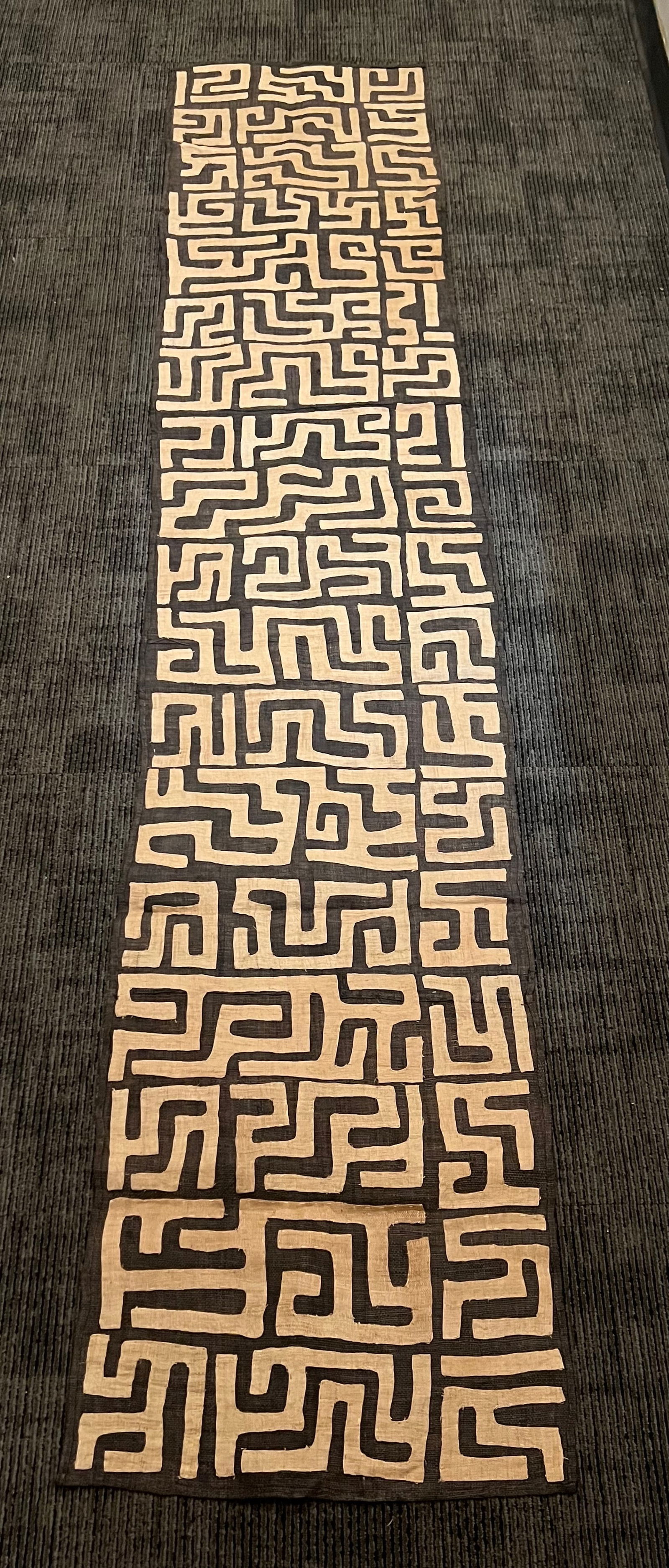 Kuba Cloth: African Tribal Art Kuba Cloth. The dimension is 108 inches high x 22 inches wide. Please be aware that some of the items are vintage, secondhand, old ages, antiques and may have a defects or sign of a