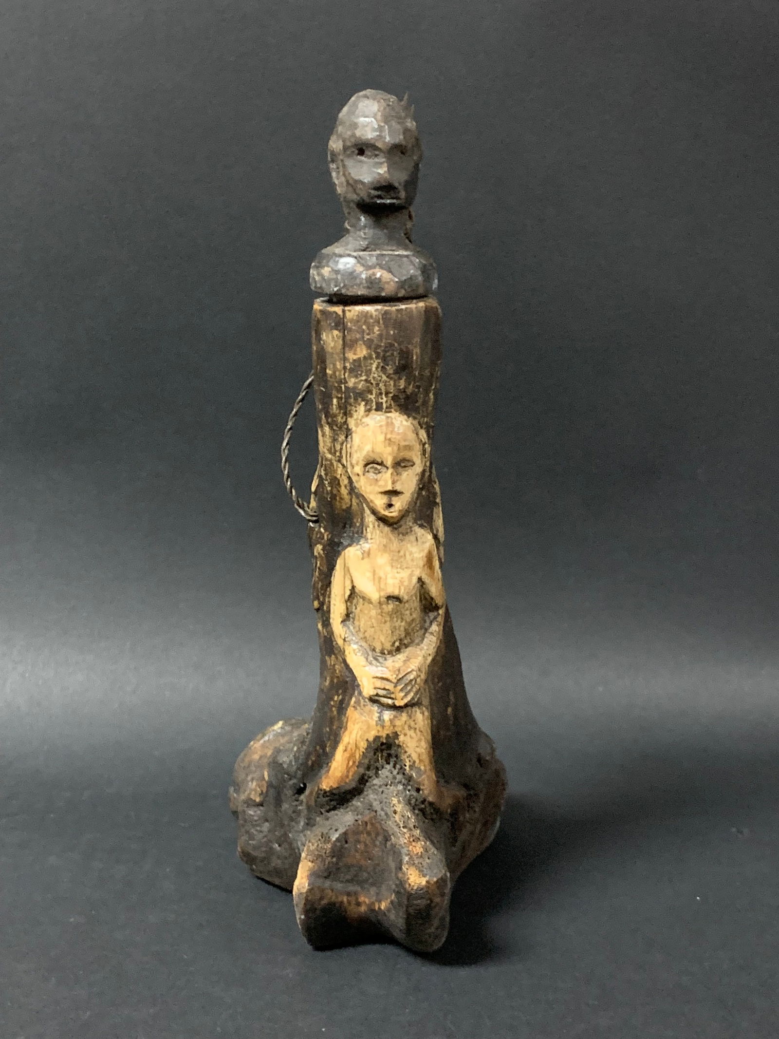 Philippine Ifugao Carved Wood and Bone Lime Container Rice God Bulul Sculpture: Tribal Art Philippine Ifugao Carved Wood and Bone Lime Container Rice God Bulul Sculpture. The dimension is 9.75 inches high x 5 inches wide. Please be aware that some of the items are vintage, second