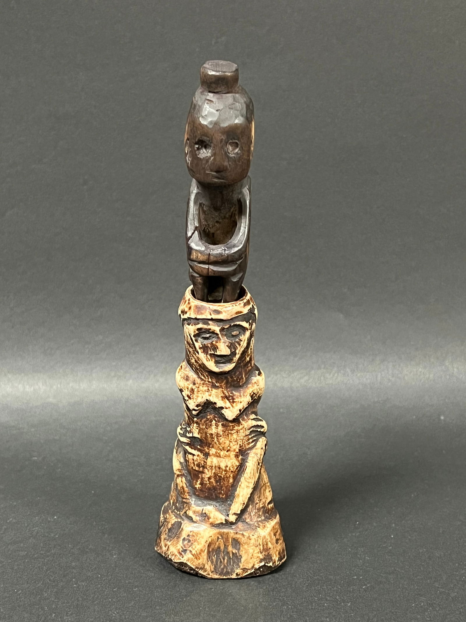 Philippine Ifugao Carved Wood and Bone Lime Container Rice God Bulul Sculpture: Tribal Art Philippine Ifugao Carved Wood and Bone Lime Container Rice God Bulul Sculpture. The dimension is 7.75 inches high x 2.25 inches wide. Please be aware that some of the items are vintage, sec