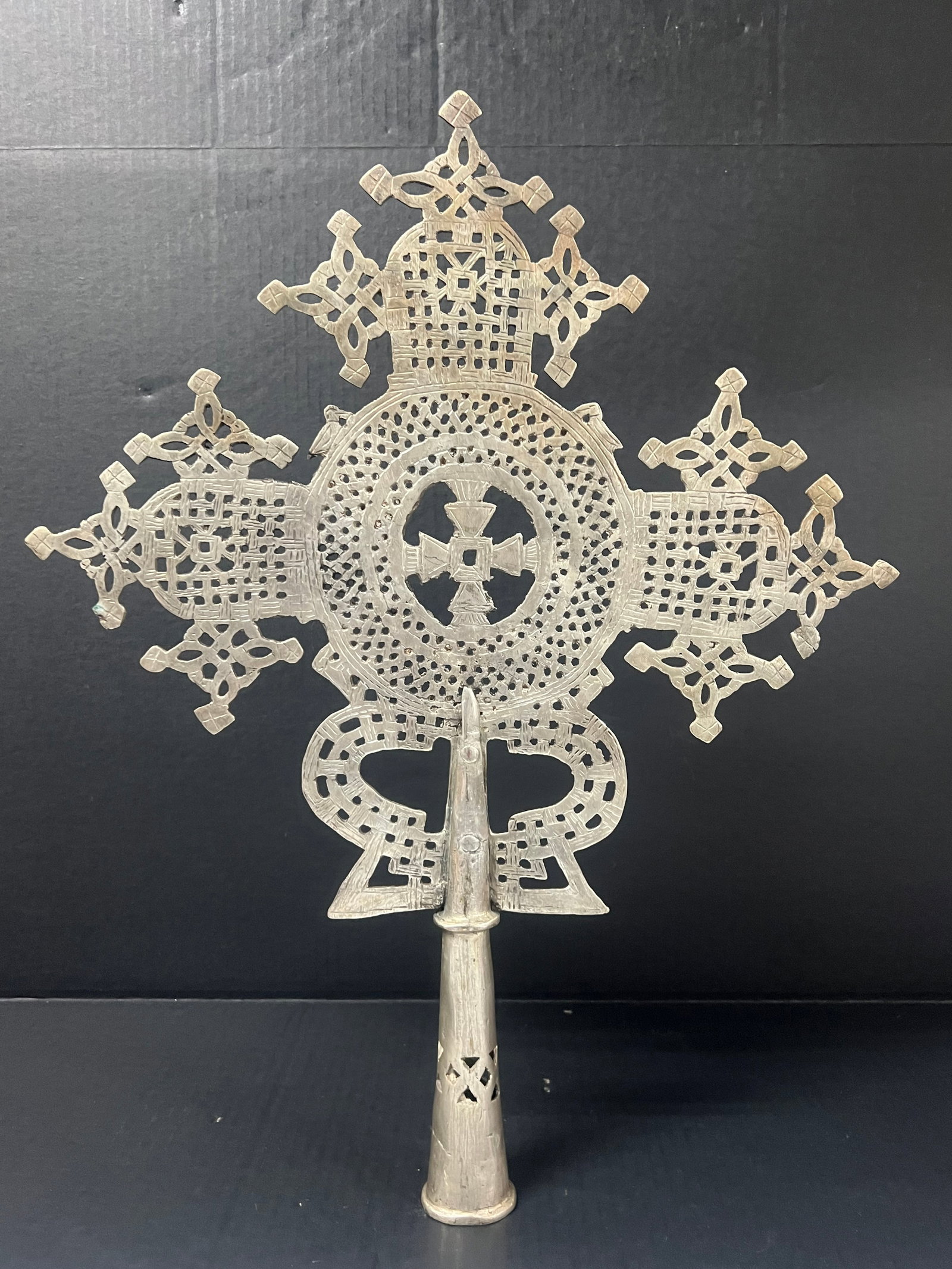Ethiopian Processional Coptic Cross: African Tribal Art Ethiopian Processional Coptic Cross. The dimension is 22.5 inches high x 17.5 inches wide. Please be aware that some of the items are vintage, secondhand, old ages, antiques and may