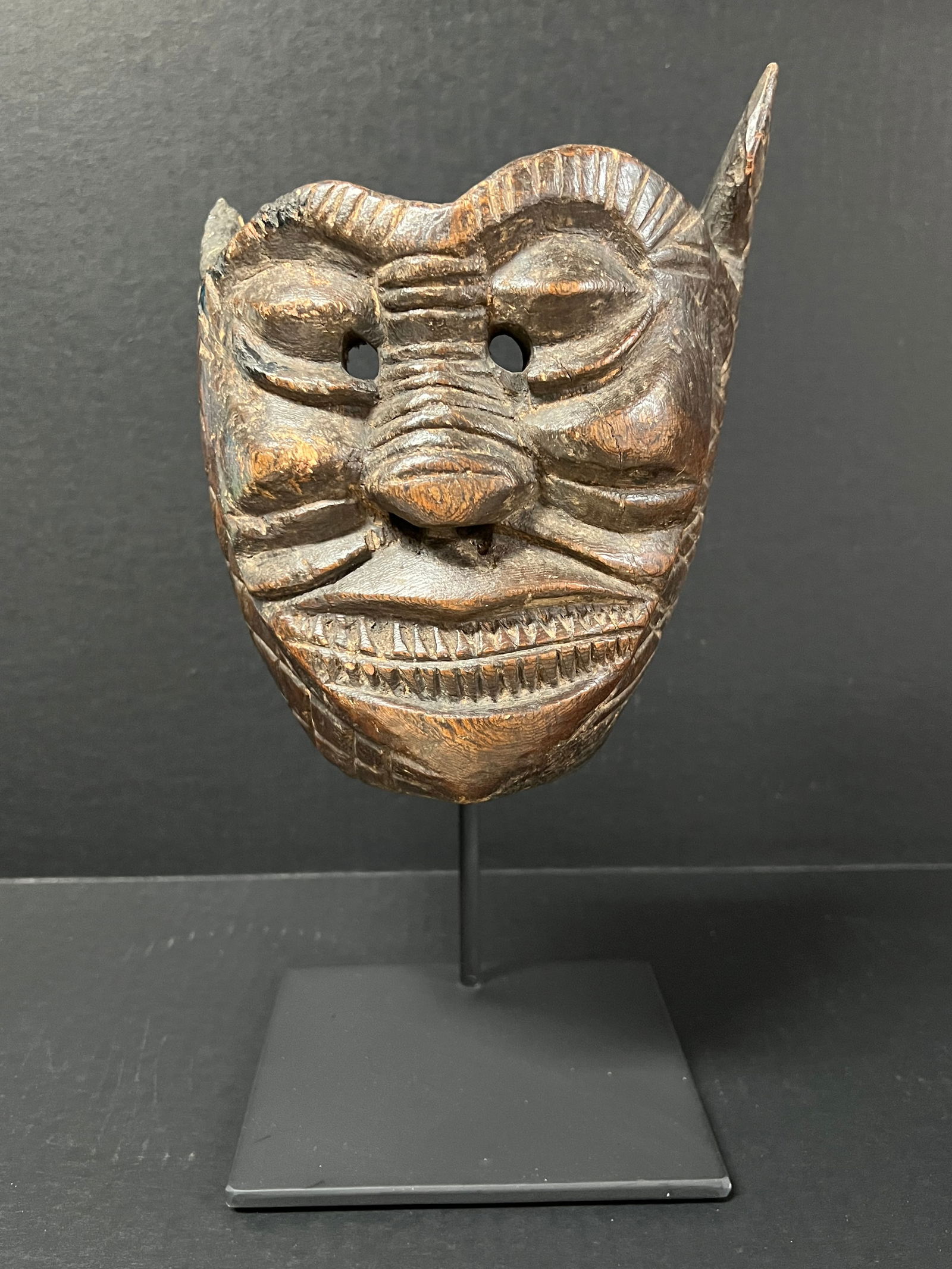 19th Century Southeast Asian Himalayan Ritual Mask with Stand: African Tribal Art 19th Century Southeast Asian Himalayan Ritual Mask with Stand. The dimension is 13 inches high x 7.5 inches wide. Please be aware that some of the items are vintage, secondhand, old