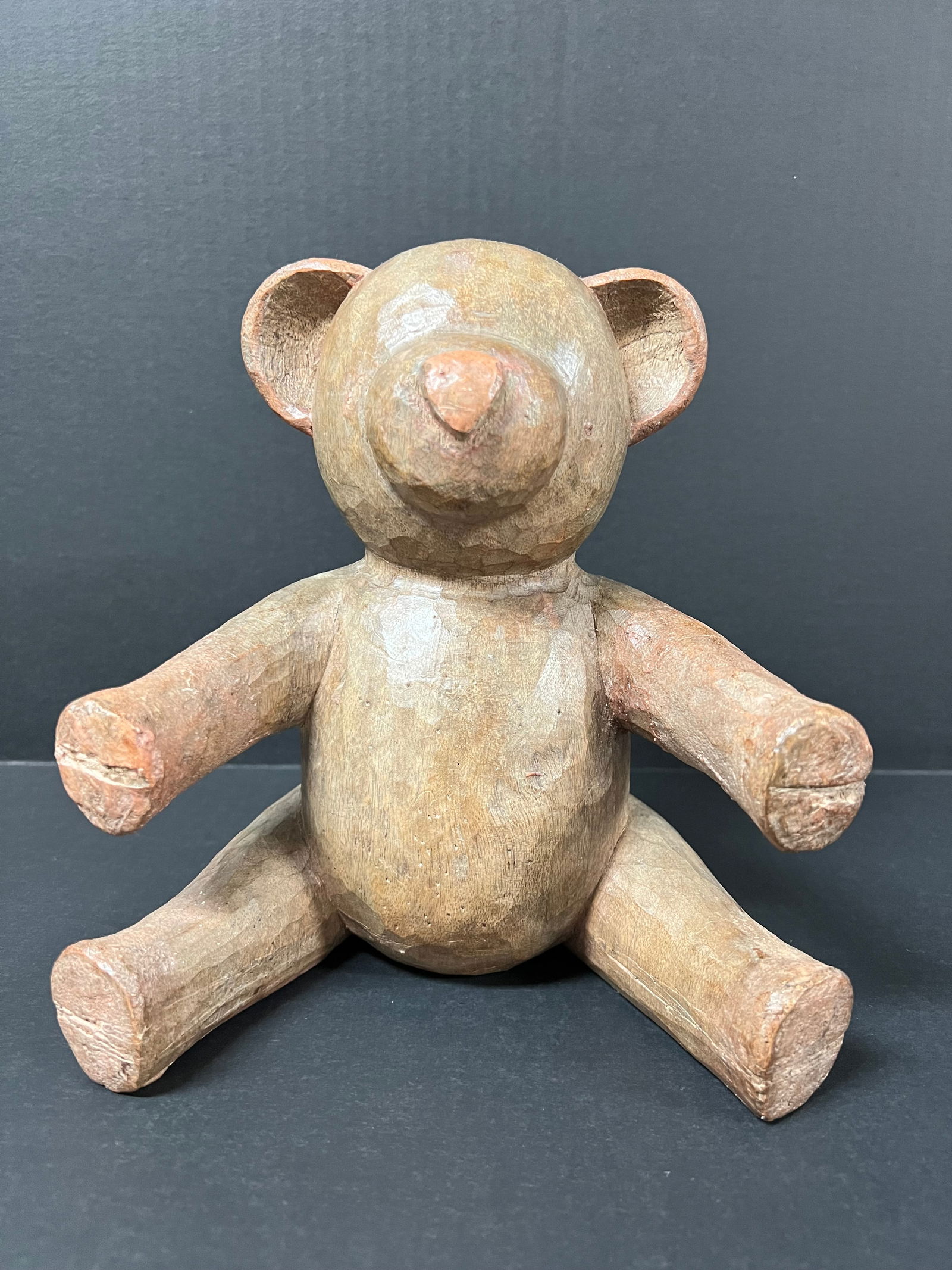 Carved Wood Teddy Bear: Folk Art Carved Wood Teddy Bear. The dimension is 8 inches high x 6 inches depth x 7.5 inches wide. Please be aware that some of the items are vintage, secondhand, old ages, antiques and may have a de