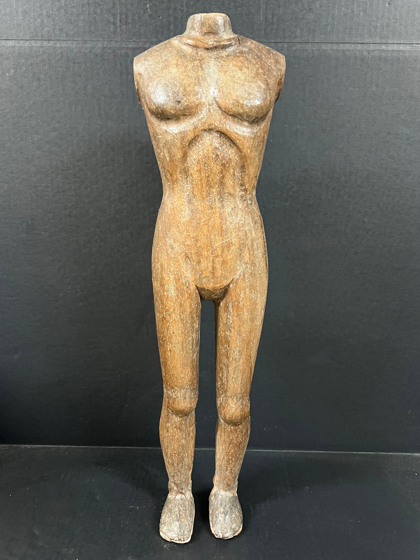 Carved Wood Mannequin: Folk Art Carved Wood Mannequin. The dimension is 23.5 inches high x 4 inches depth x 6.5 inches wide. Please be aware that some of the items are vintage, secondhand, old ages, antiques and may have a