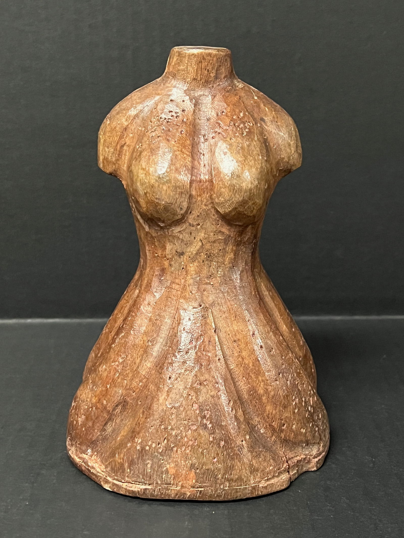 Female Dress Form Sculpture: Folk Art Carved Wood Female Dress Form Sculpture. The dimension is 7 inches high x 4.75 inches wide. Please be aware that some of the items are vintage, secondhand, old ages, antiques and may have a d