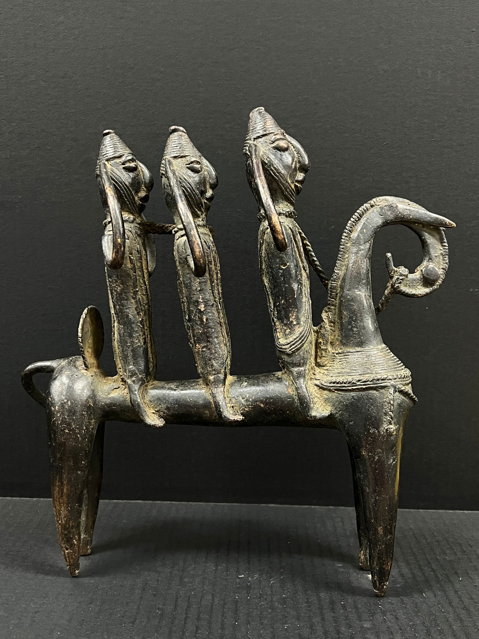Bronze Chad Horsemen: African Tribal Art Bronze Chad Horsemen. The dimension is 13.5 inches high x 12.5 inches wide. Please be aware that some of the items are vintage, secondhand, old ages, antiques and may have a defects