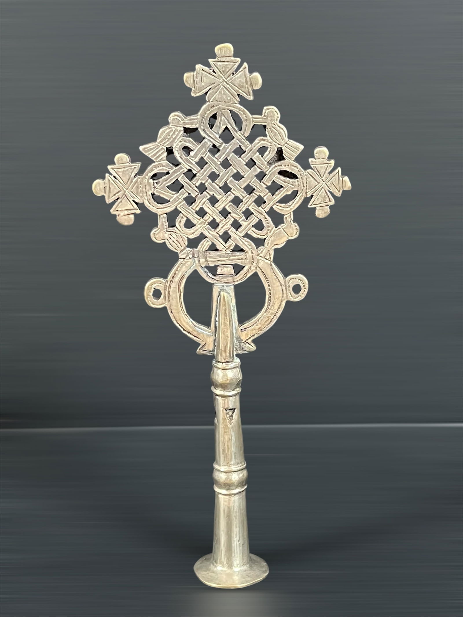 Ethiopian Metal Processional Coptic Cross: African Tribal Art Ethiopian Metal Processional Coptic Cross. The dimension is 8.5 inches high x 4 inches wide. Please be aware that some of the items are vintage, secondhand, old ages, antiques and