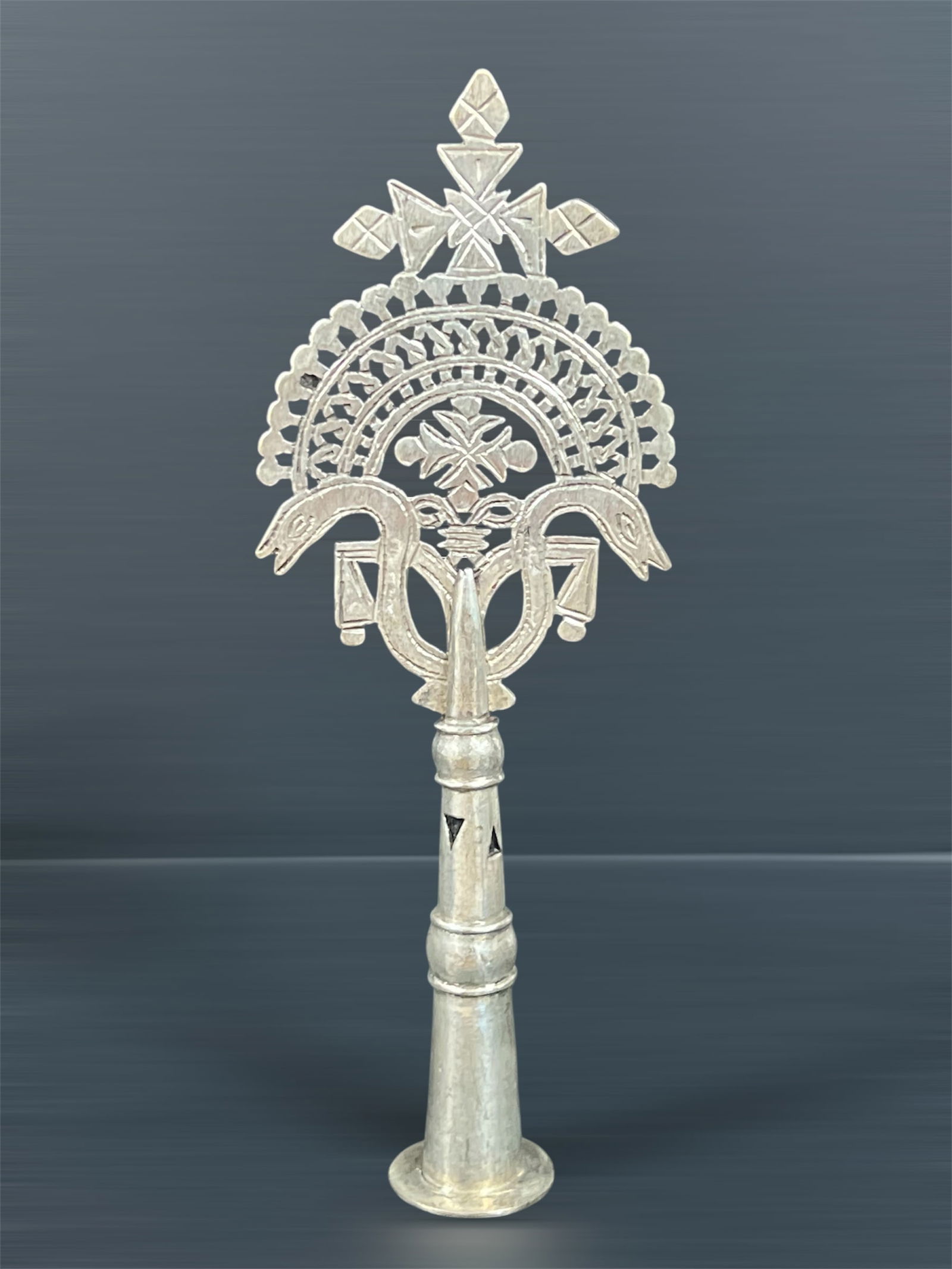 Ethiopian Metal Processional Coptic Cross: African Tribal Art Ethiopian Metal Processional Coptic Cross. The dimension is 9.5 inches high x 3.5 inches wide. Please be aware that some of the items are vintage, secondhand, old ages, antiques