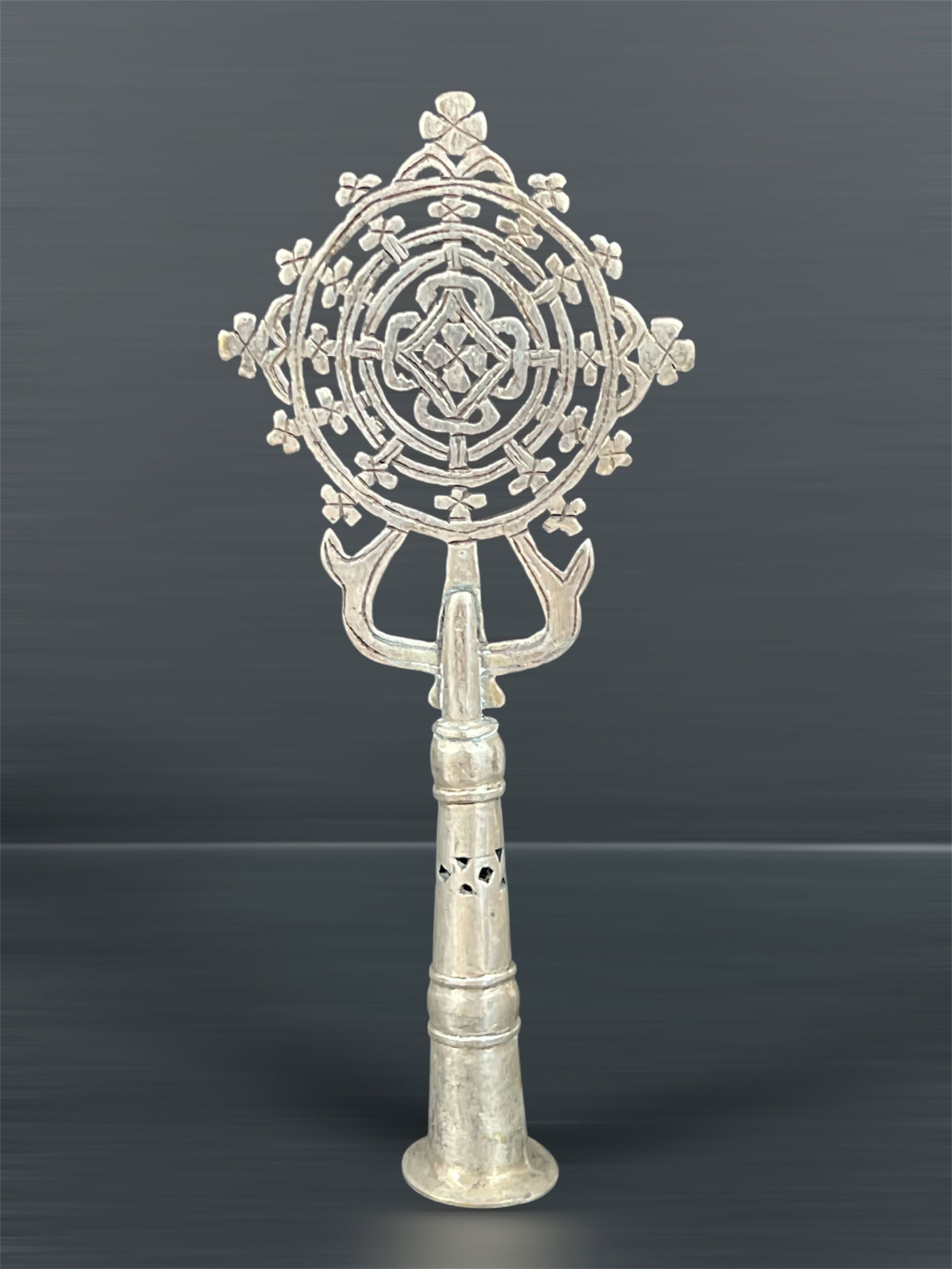 Ethiopian Metal Processional Coptic Cross: African Tribal Art Ethiopian Metal Processional Coptic Cross. The dimension is 8.5 inches high x 3.5 inches wide. Please be aware that some of the items are vintage, secondhand, old ages, antiques