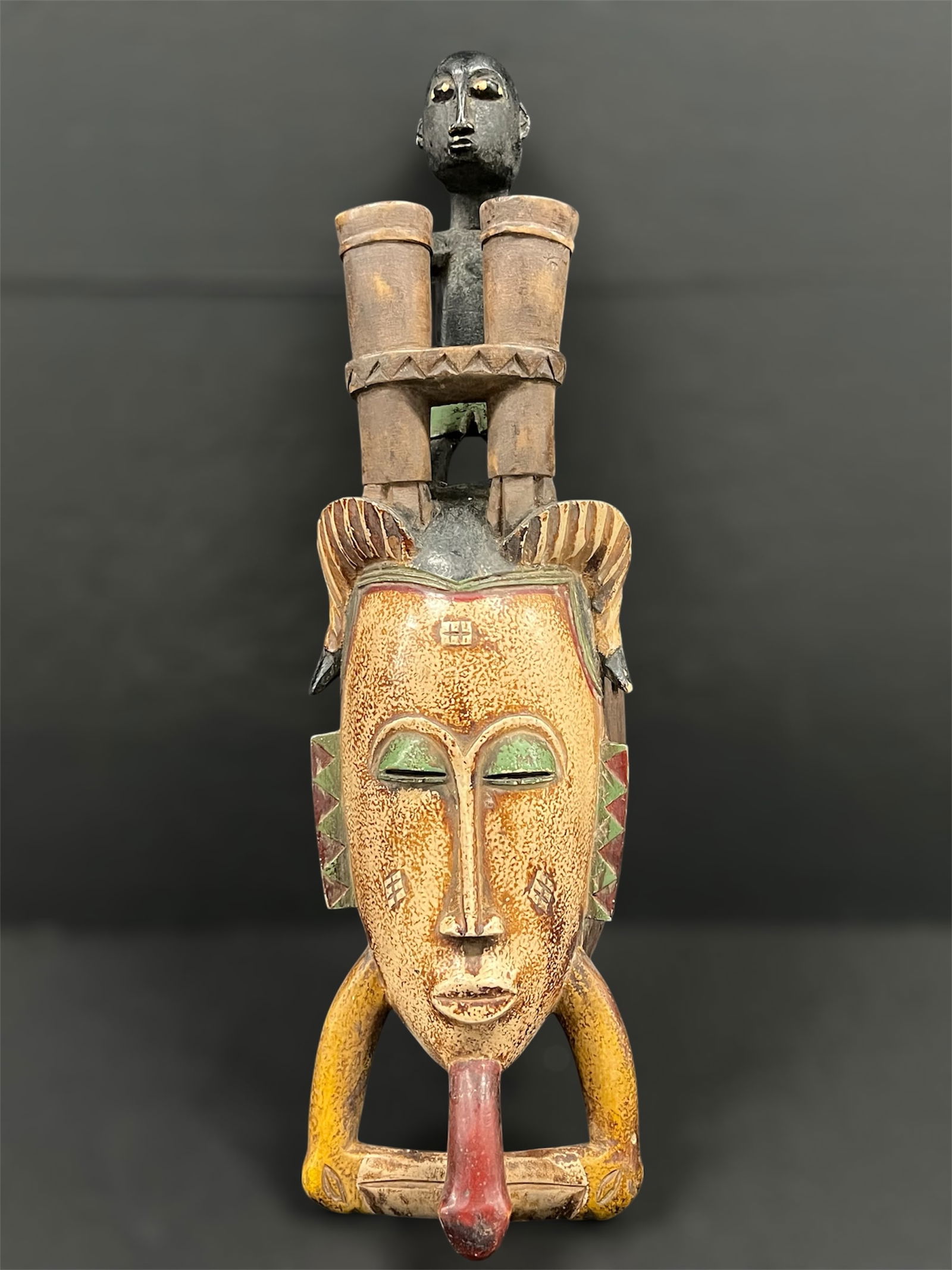 Guru Mask: African Tribal Art Guru Mask. The dimension is 17 inches high x 5 inches wide. Please be aware that some of the items are vintage, secondhand, old ages, antiques and may have a defects or sign of