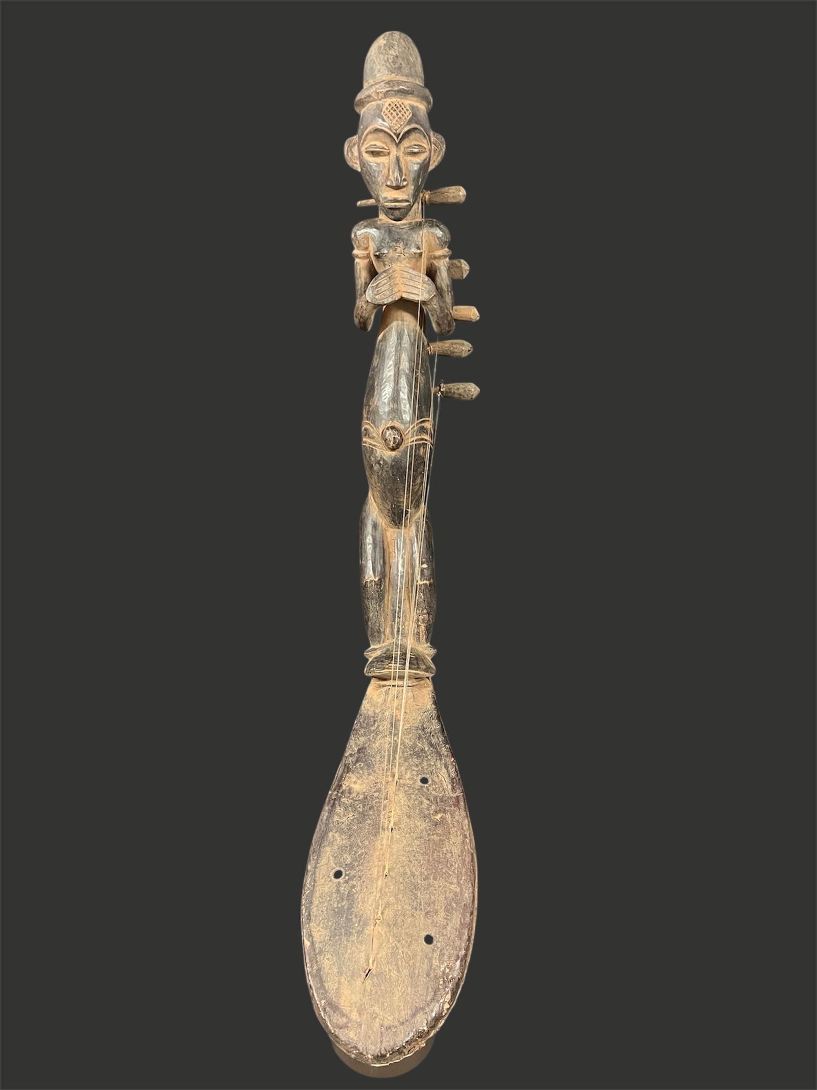 Mangbetu Harp Instrument: African Tribal Art Mangbetu Harp Instrument. The dimension is 36 inches high x 20 inches depth x 6 inches wide. Please be aware that some of the items are vintage, secondhand, old ages, antiques and