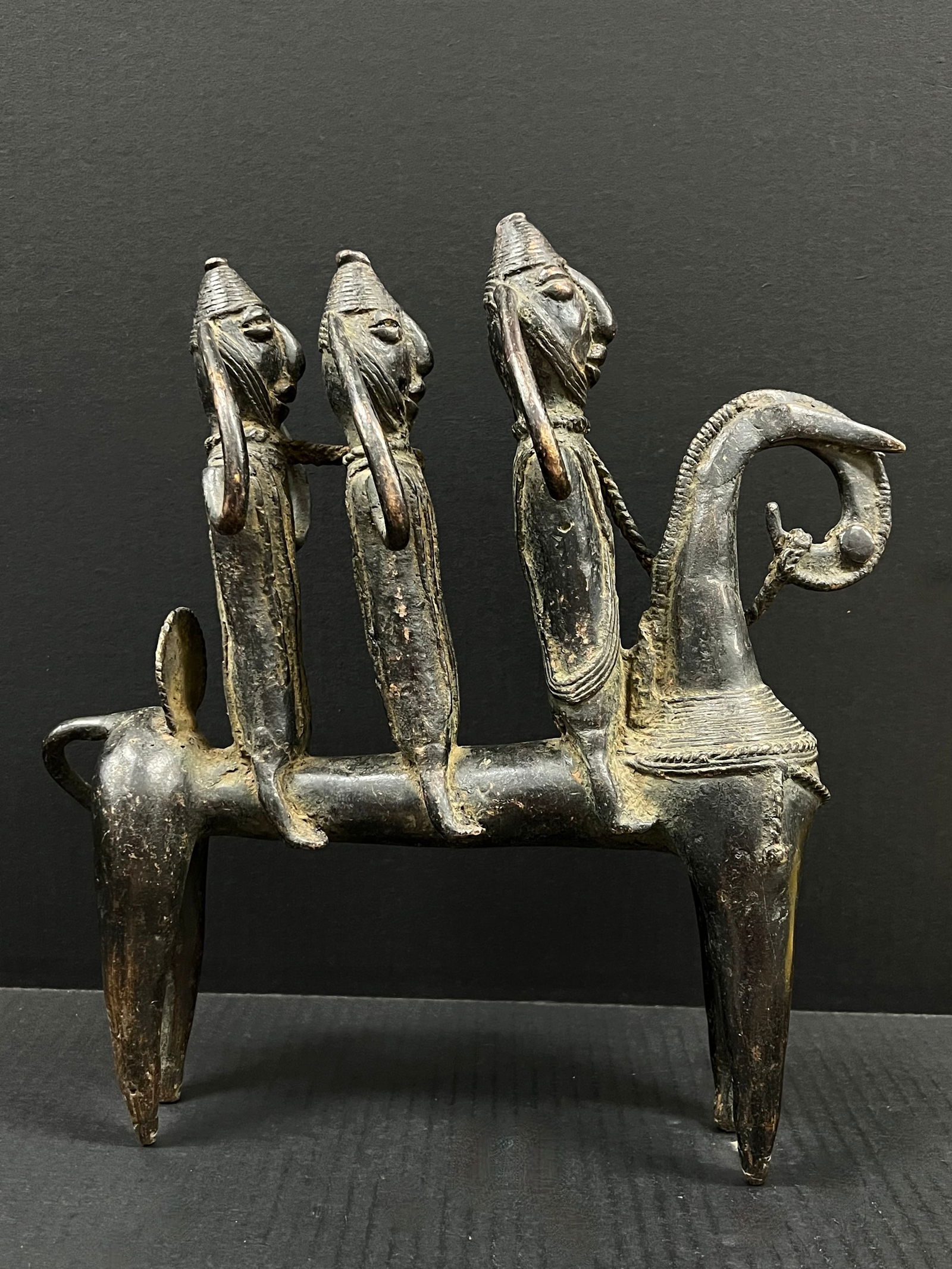 Bronze Chad Horsemen: African Tribal Art Bronze Chad Horsemen. The dimension is 13.5 inches high x 12.5 inches wide. Please be aware that some of the items are vintage, secondhand, old ages, antiques and may have a
