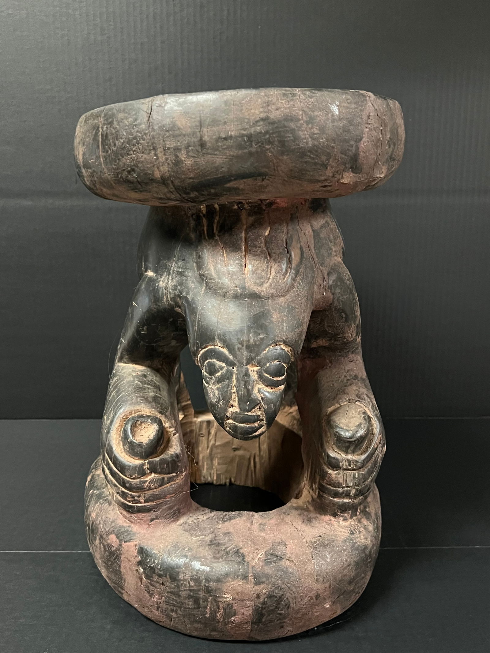 Bamileke Stool: African Tribal Art Bamileke Stool. The dimension is 15 inches high x 12 inches depth x 10 inches wide. Please be aware that some of the items are vintage, secondhand, old ages, antiques and may have