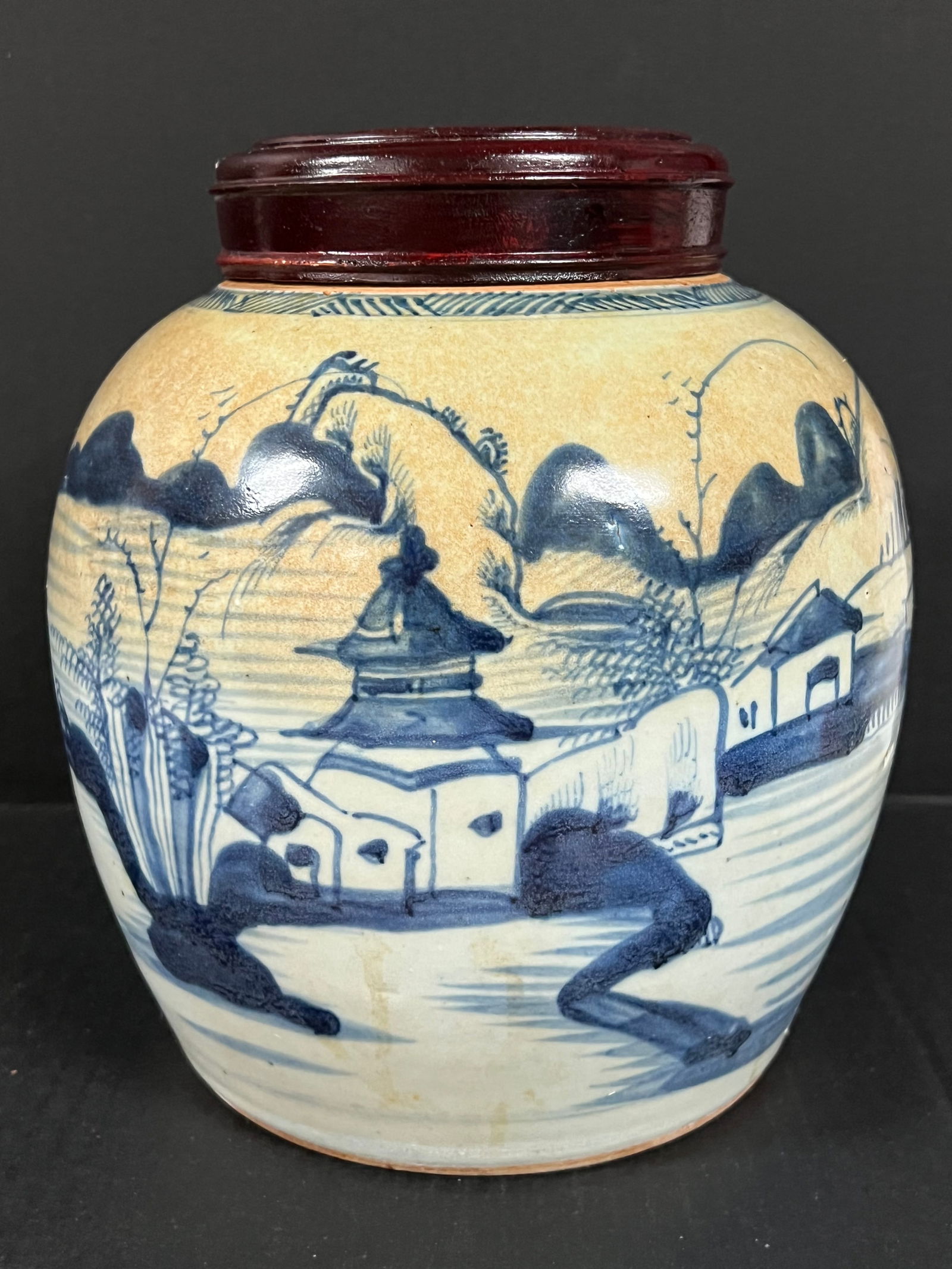 Porcelain Blue and White Jar with Cover: Chinese Art Porcelain Blue and White Jar with Cover. The dimension is 6.9 inches high x 8.5 inches wide. Please be aware that some of the items are vintage, secondhand, old ages, antiques and may have
